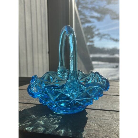 EUC Vintage Indiana Glass Monticello Aqua Blue Basket Handle 7" Easter Gift Art - Picture 9 of 12